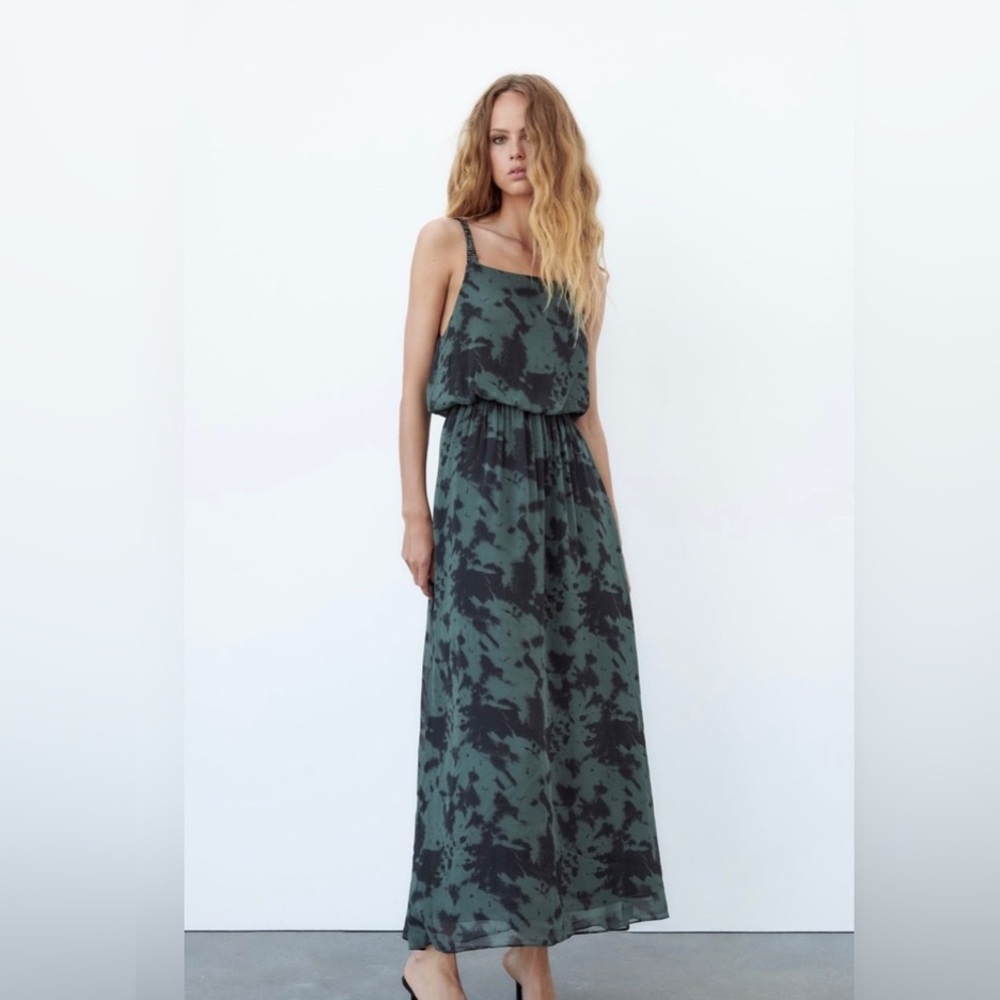 ZARA printed midi dress with beaded straps size extra small